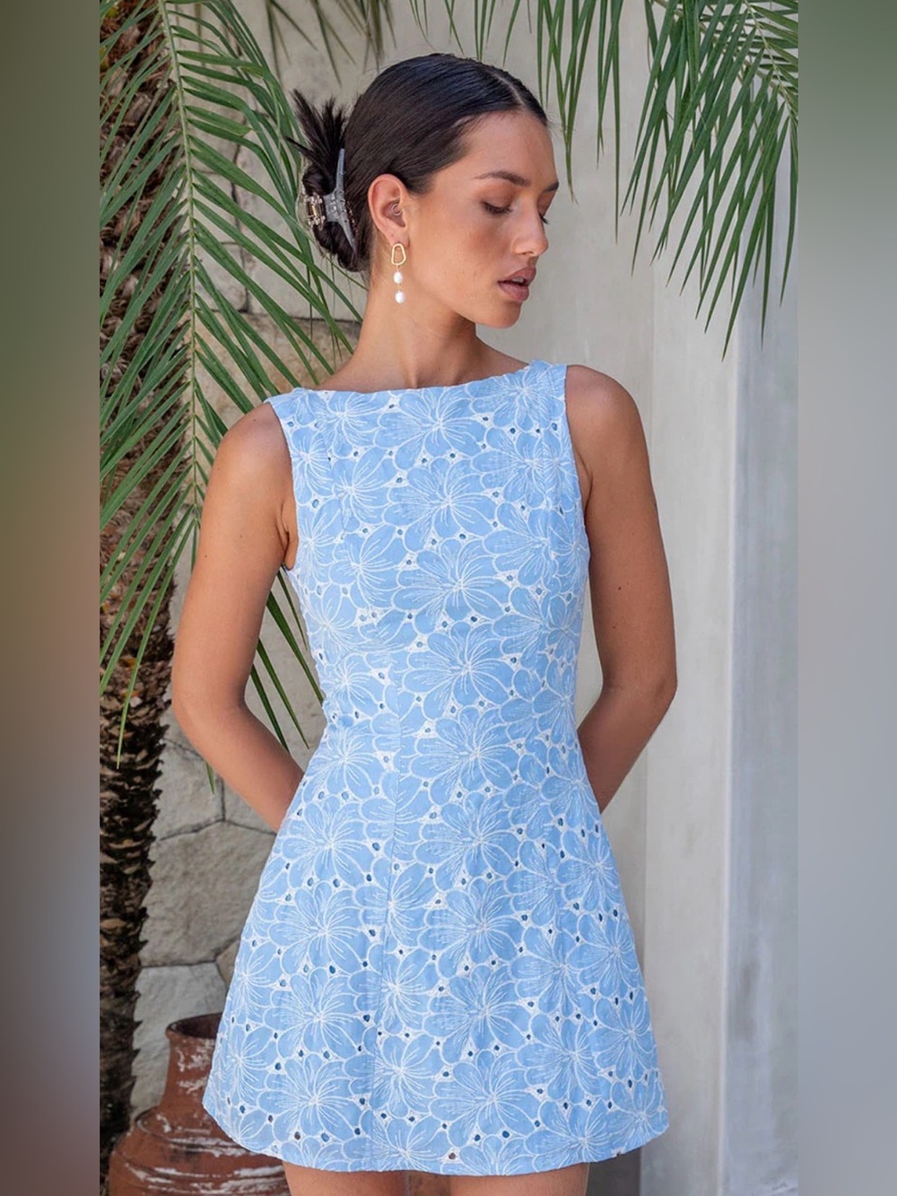Sleeveless Light Blue Floral Eyelet Mini Dress
